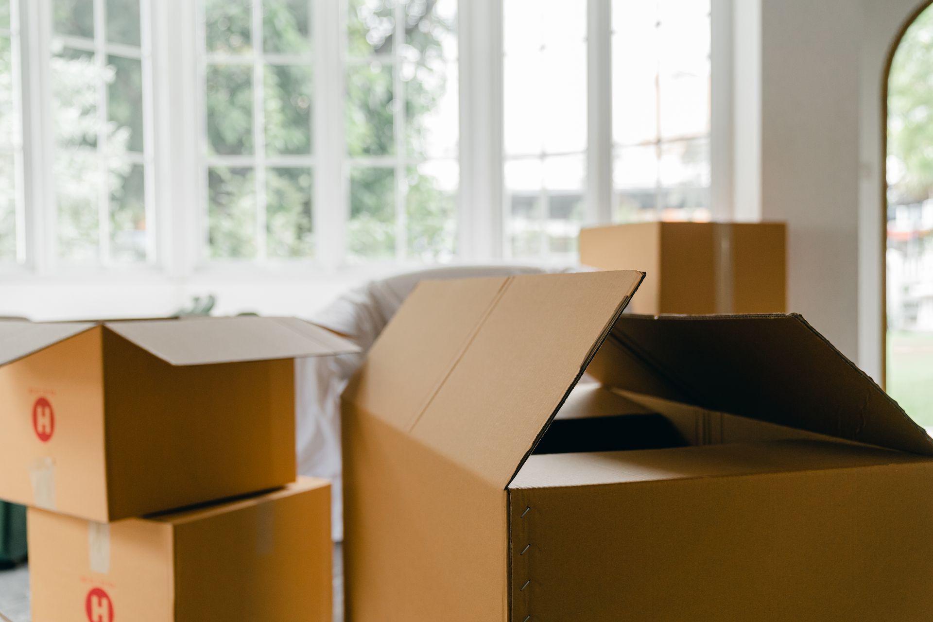 Neatly labeled moving cartons by a bright window